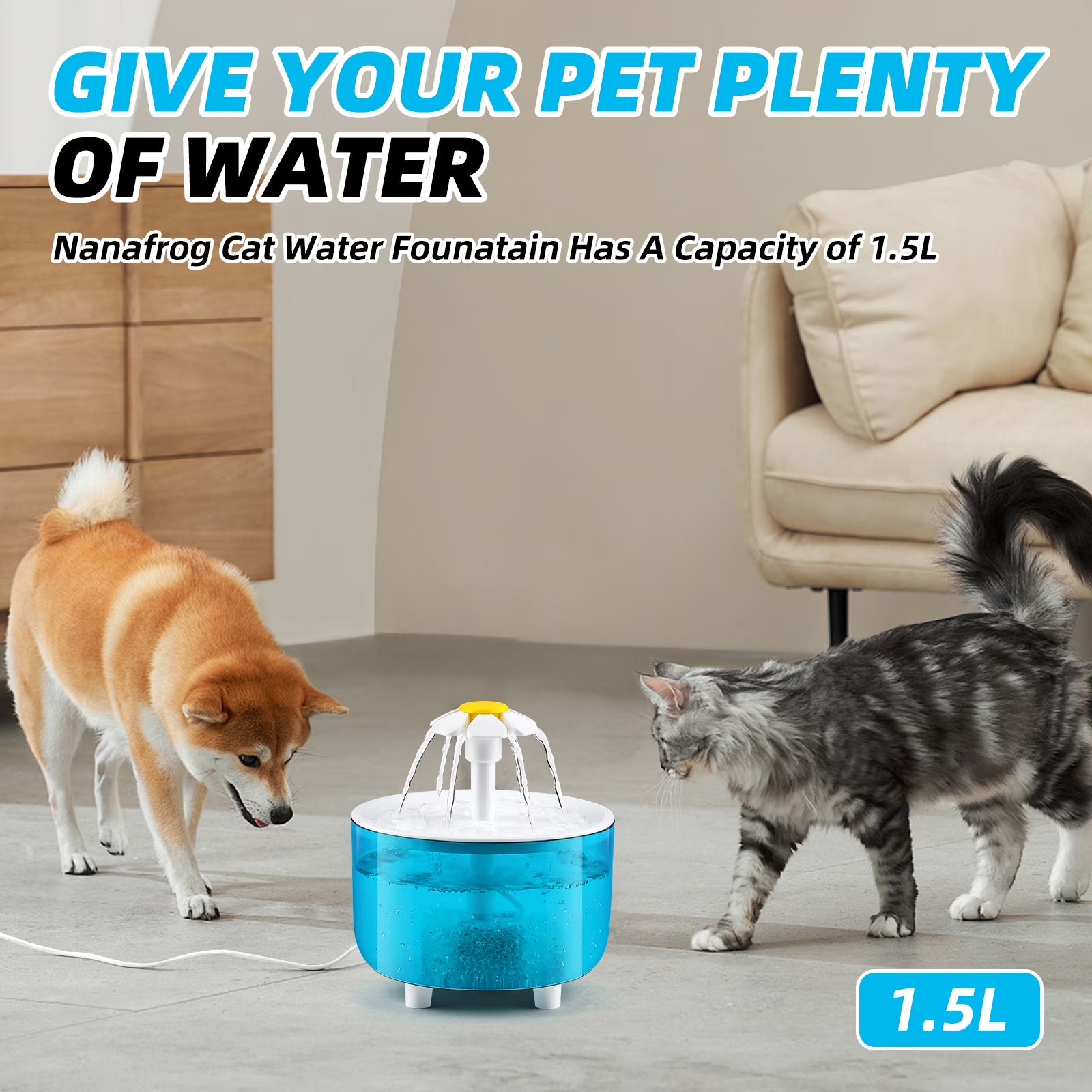 Cat Water Fountain Automatic Pet Water Dispenser for Multiple Pets,1.5L,Blue